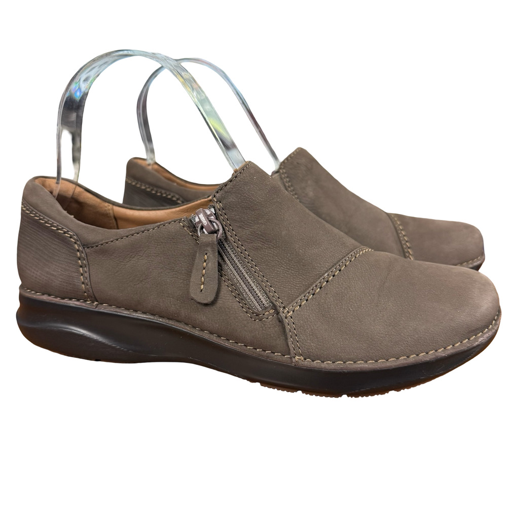 Clarks Appley Zip Taupe Gray Leather Mules Clogs Loafers Comfort Casual Shoes 7